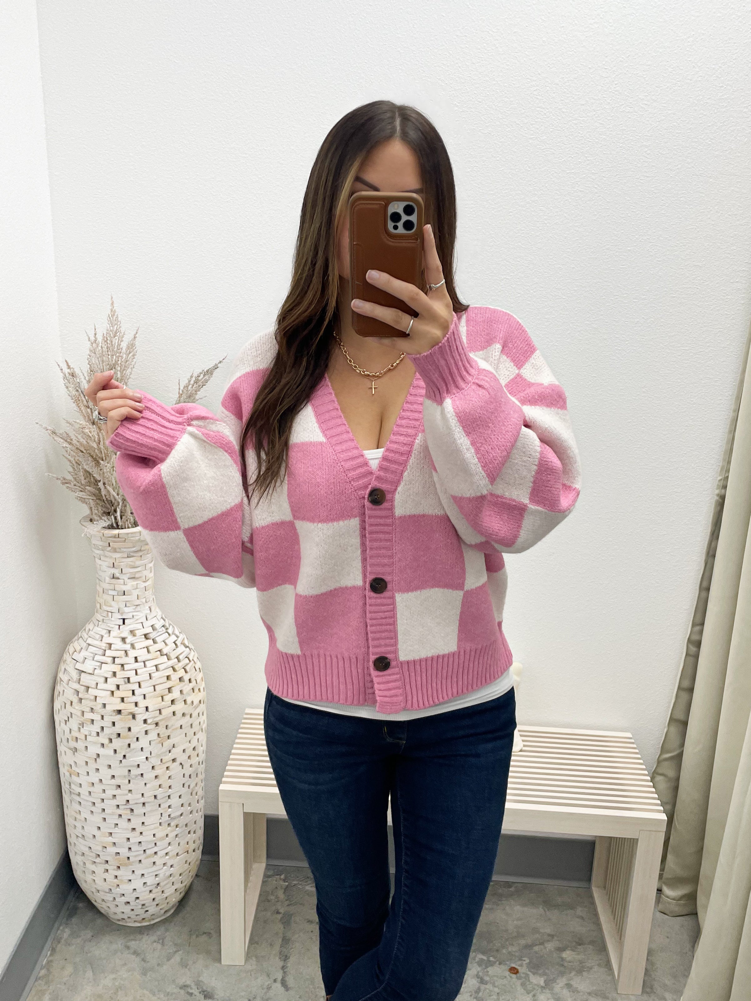 Knit Cardigan Pink And White Checkered Sweater Check On It