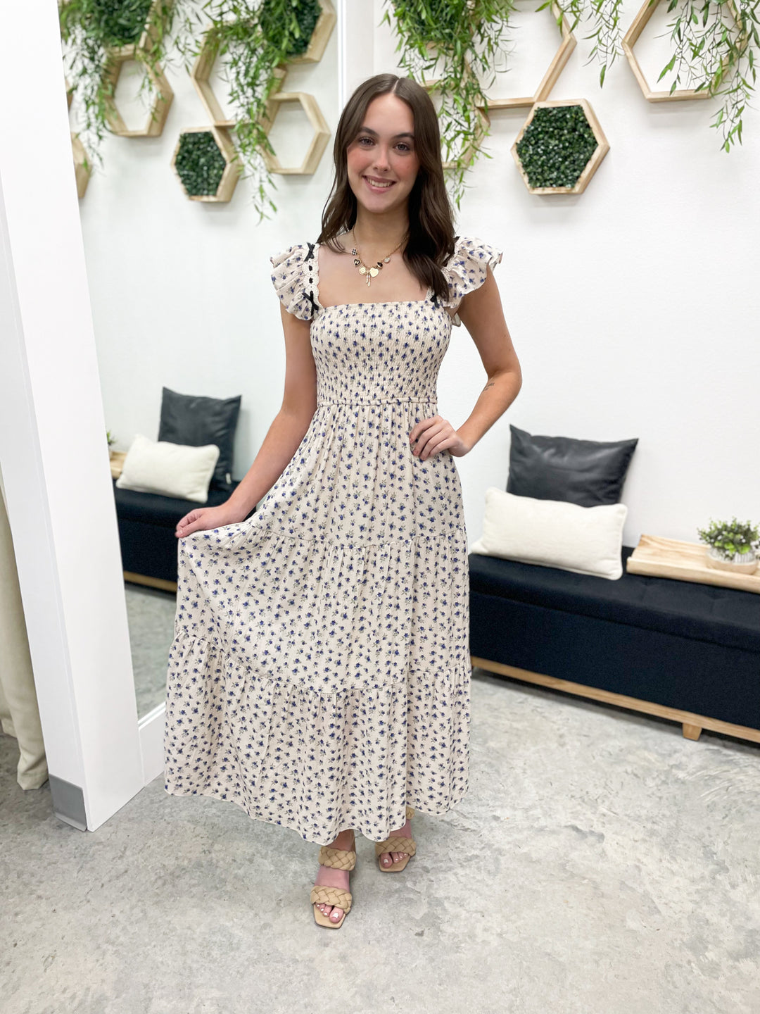 Delightful Days Dress (Cream/Blue)