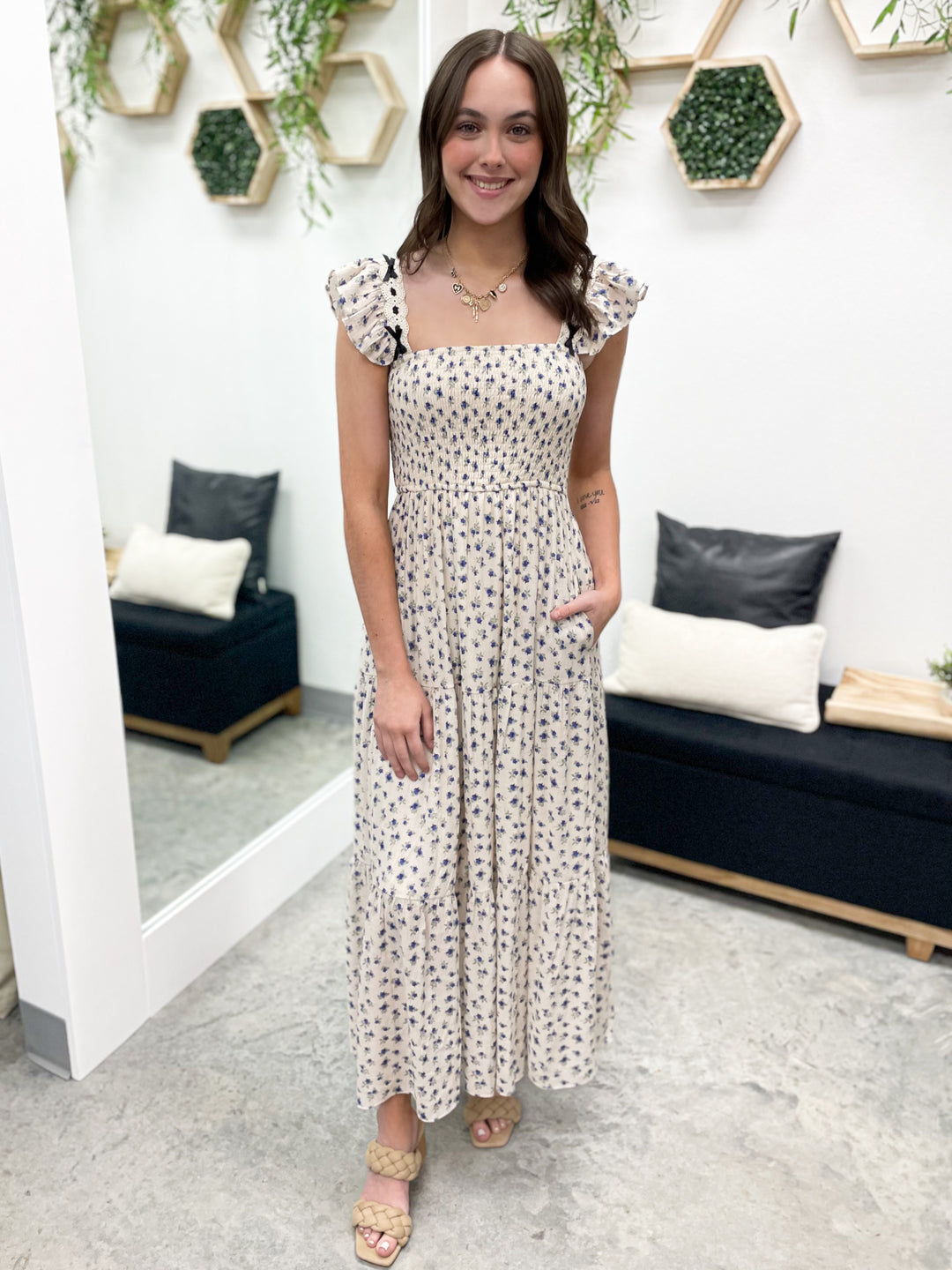 Delightful Days Dress (Cream/Blue)