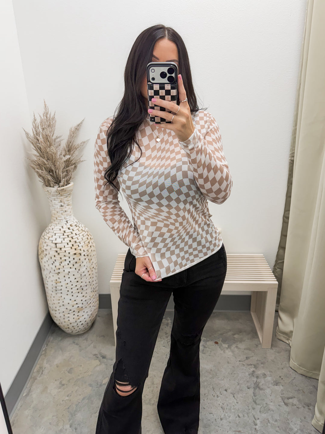 Checkmate Sheer Top (Ivory/Taupe)
