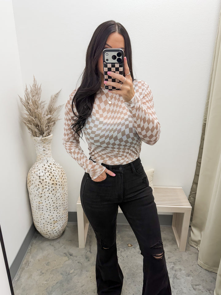 Checkmate Sheer Top (Ivory/Taupe)